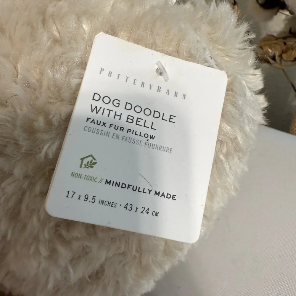 Pottery Barn Cream Doodle Faux Fur Dog Pillow Bell Cozy Teddy Poodle Labradoodle